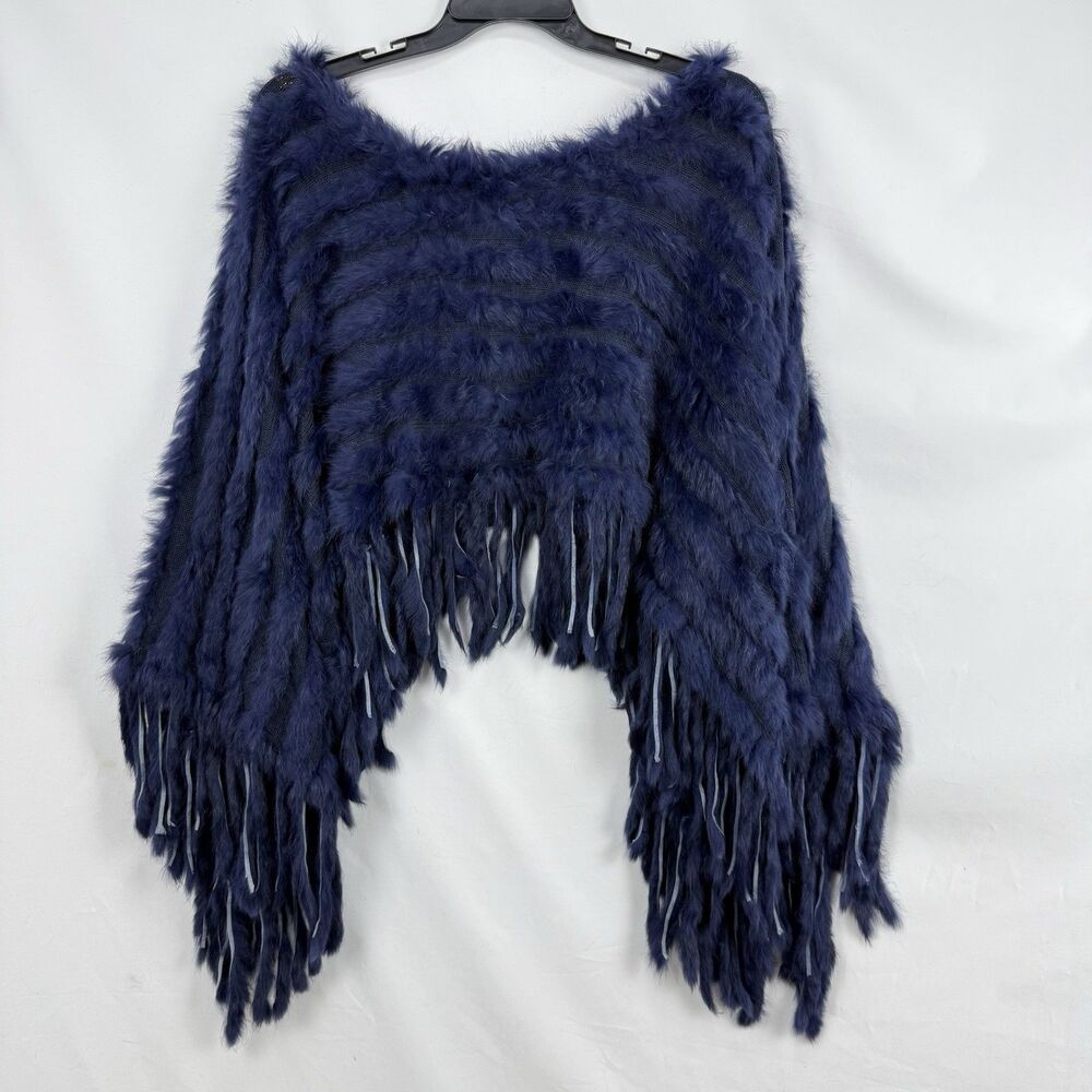 Navy Blue Faux Fur Poncho Cape Fringe Women’s One Size Soft Cozy Wrap - Picture 2 of 14